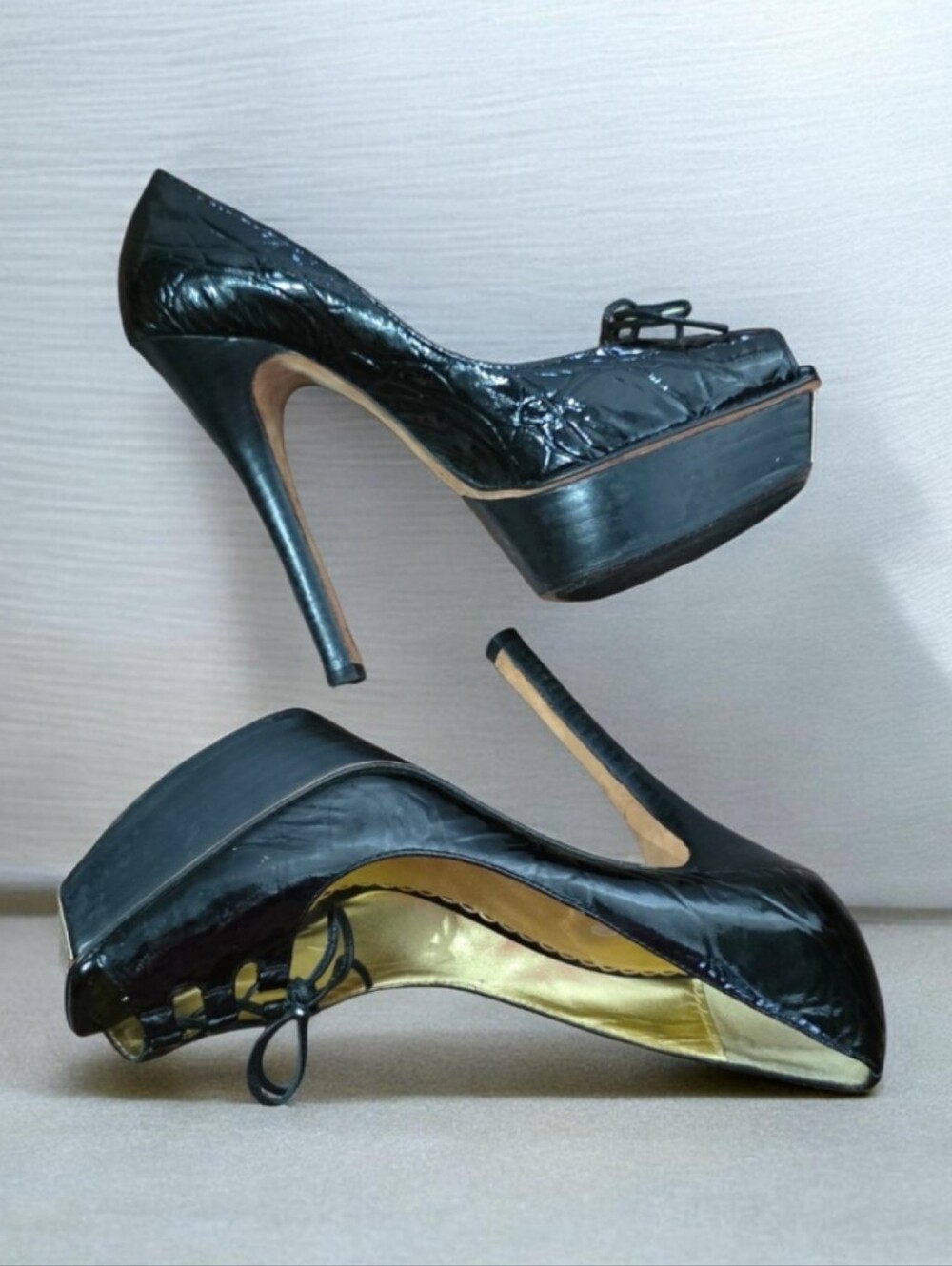 Bebe Black Heels Patent Leather Lace Up Peep Toe Platform Pumps St Tropez 7